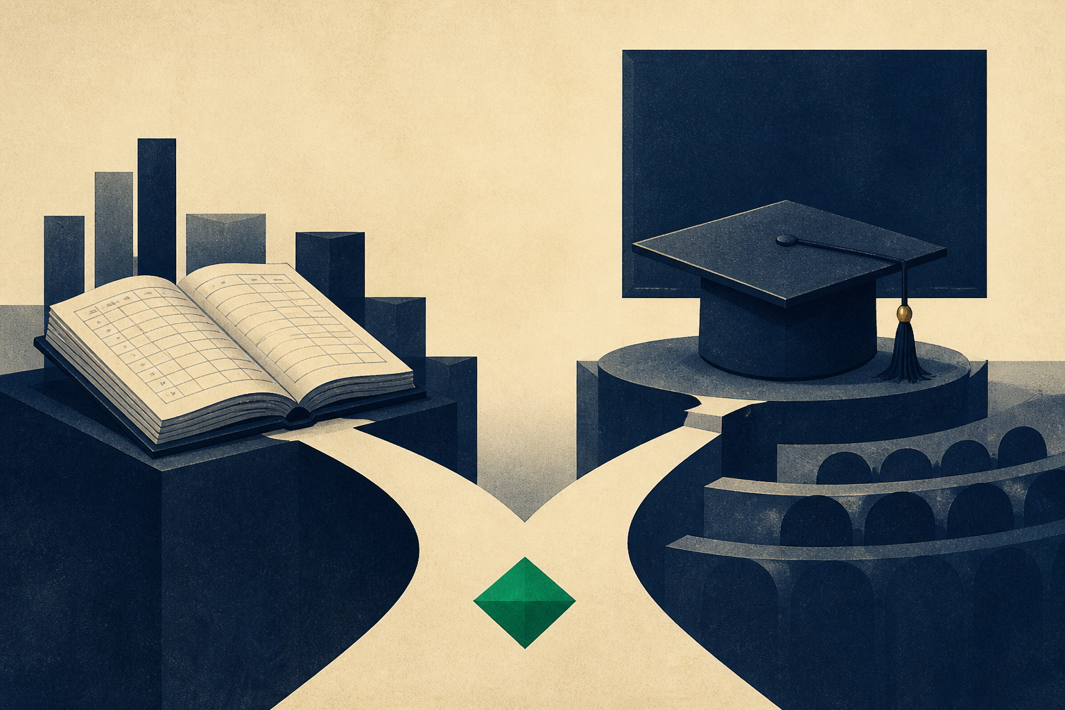 A ledger and a graduation cap side by side showing why an accounting firm is not a university in education makes the difference